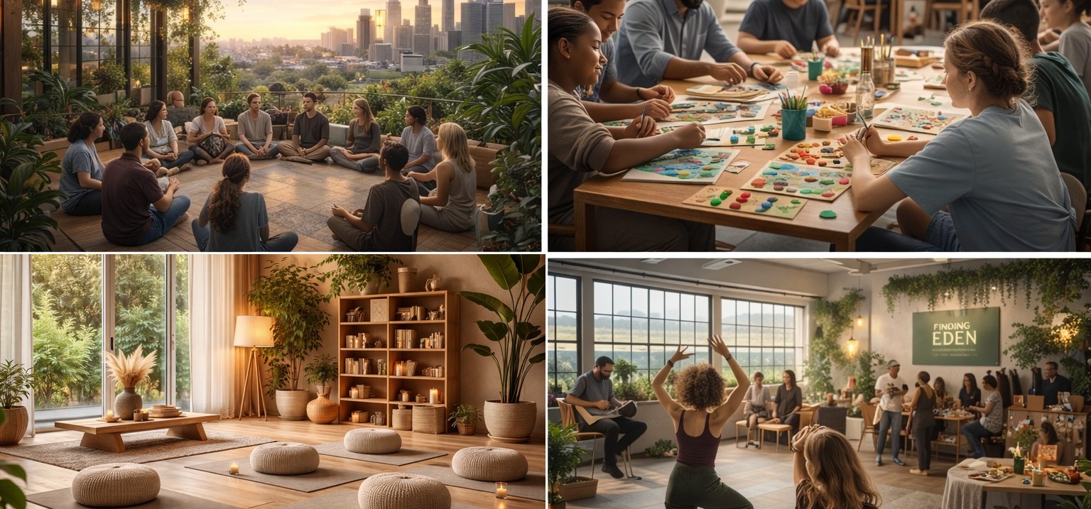 Finding Eden community, youth art room, and launch event visual