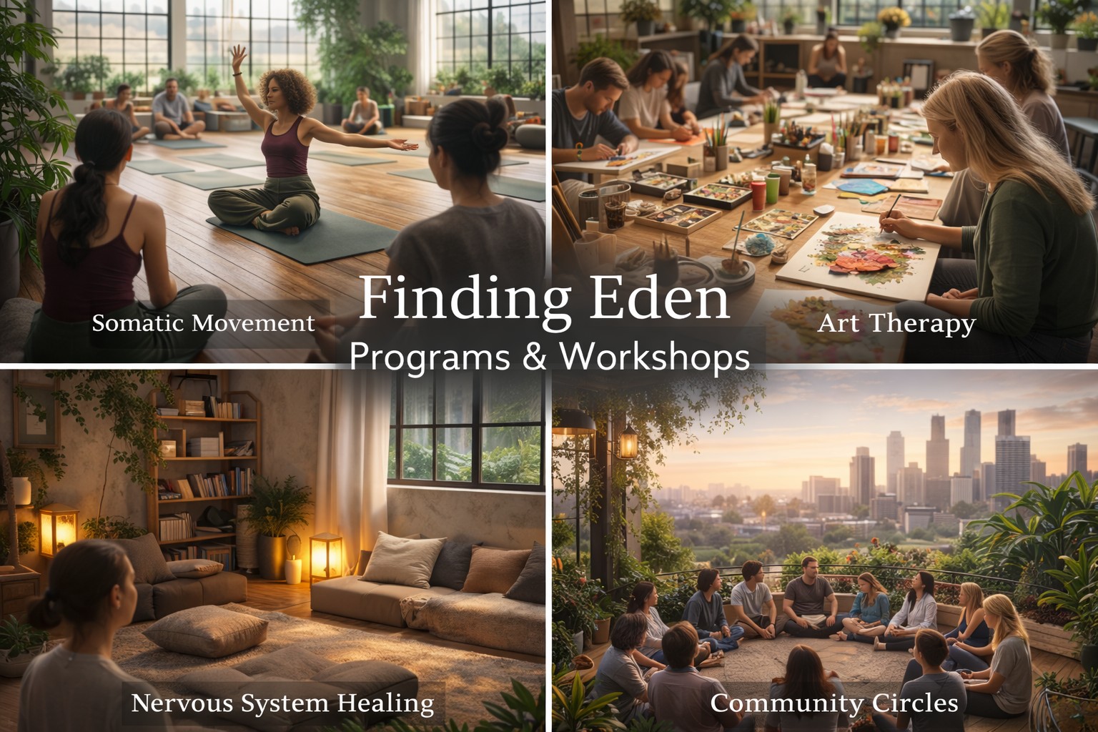 Finding Eden programs collage showing somatic movement, art therapy, regulation, and community circles