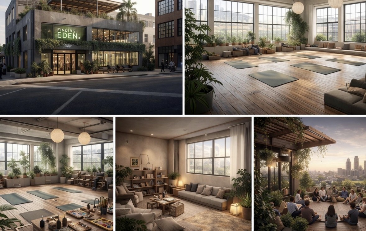 Finding Eden vision collage showing exterior and rooms